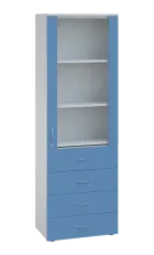 LE - 64 skříň léková prosklená, pravá, korpus bílý, dvířka pastelově modrá